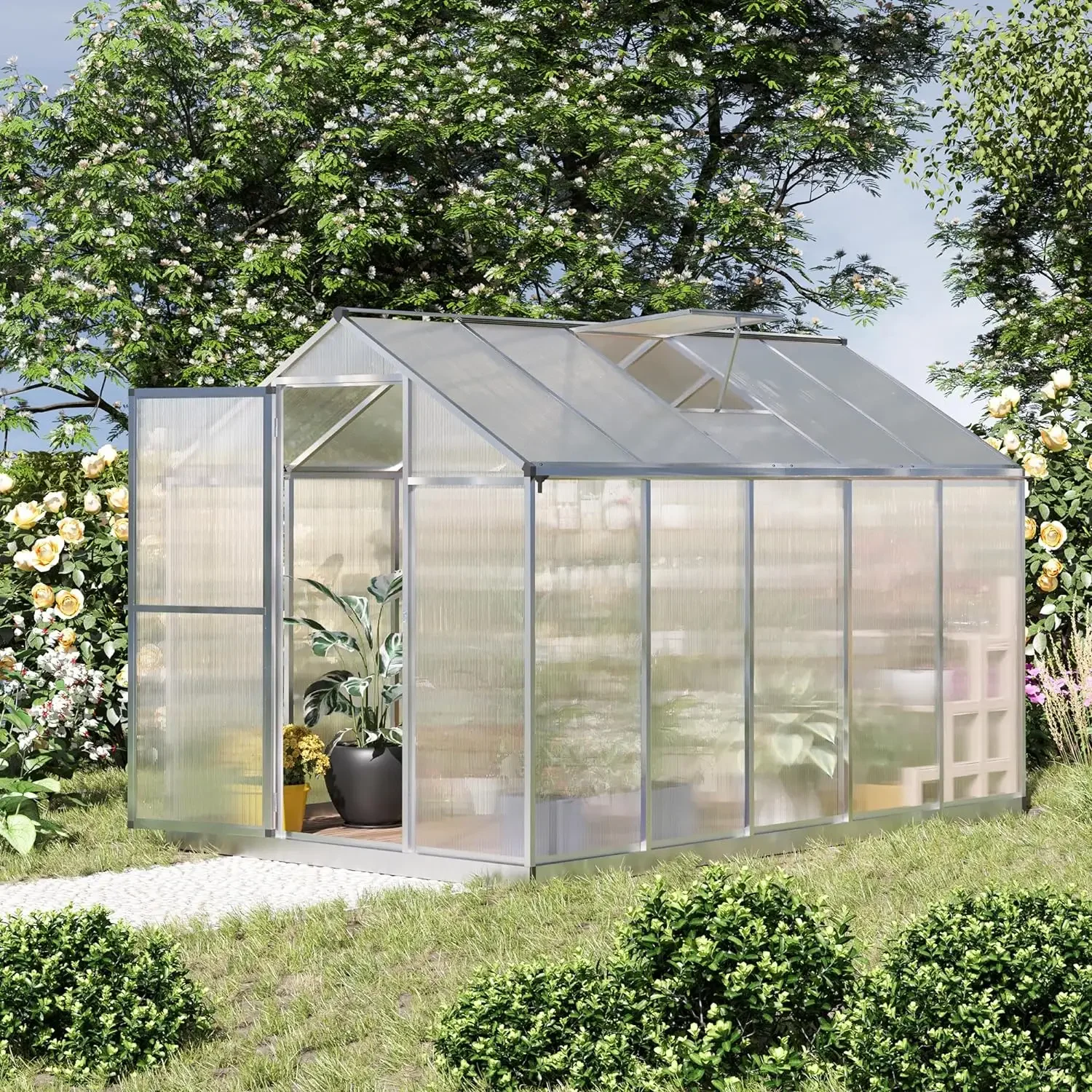 10' L x 6' W Walk-in Polycarbonate Greenhouse with Roof Vent for Ventilation & Rain Gutter, Hobby Greenhouse for Winter