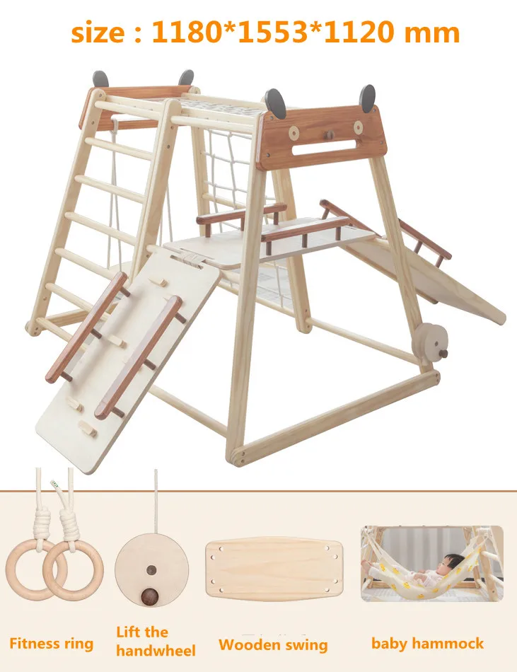 Indoor Wooden Climbing Frame, Montessori Playground Slide Swing Set, Kids Exercise Equipment with Rope for Home Children