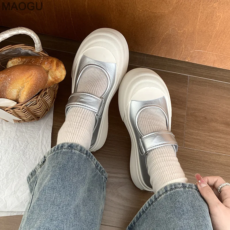 Women's Round Toe White Shoes Buckle Straps Thick Bottom Casual Shoes Chunky Sole Height Increasing Sneakers Daily Footwear view 3