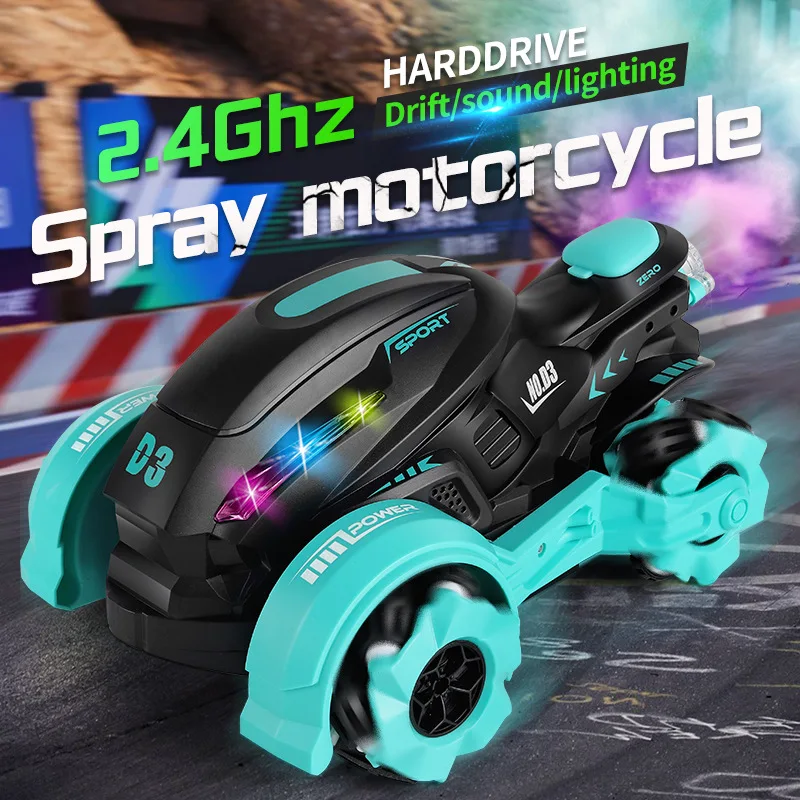 

2.4G spray remote control car lights music drift buggy 360 degree stunt motorcycle toys surprise gifts for boys and girls