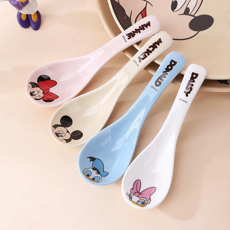 

Cartoon Mickey Minnie Ceramics Spoon Kawaii Action Figure Donald Duck Daisy long handle ladle Household tableware Ceramic spoon