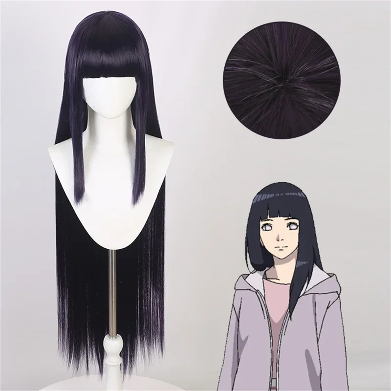 Cosplay Hinata hyuuga dark blue long straight wig 40 inch blunt bangs cute girl heat resistant fiber wig daily party and use