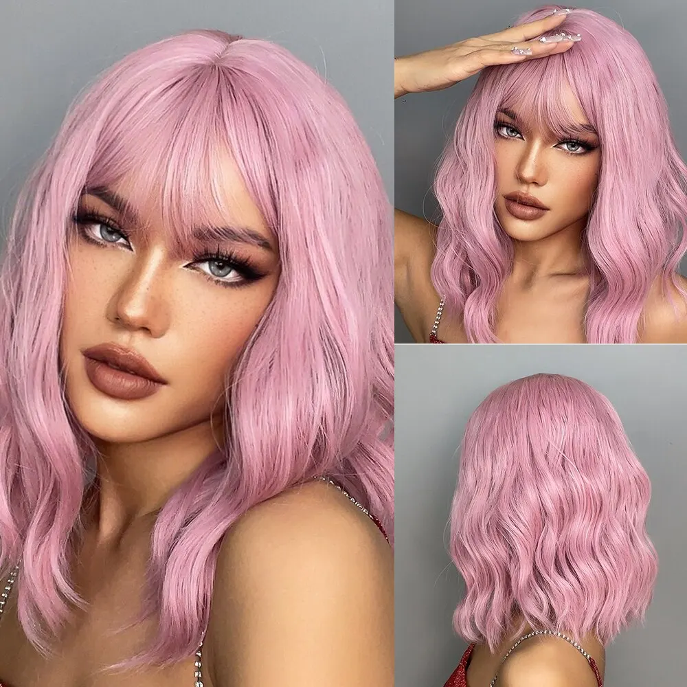 Graue gewellte Bob-Perücken für Damen mit Pony, kurze blonde Ombre-Synthetikperücke mit dunklen Wurzeln, natürliches Haar für den täglichen Gebrauch
