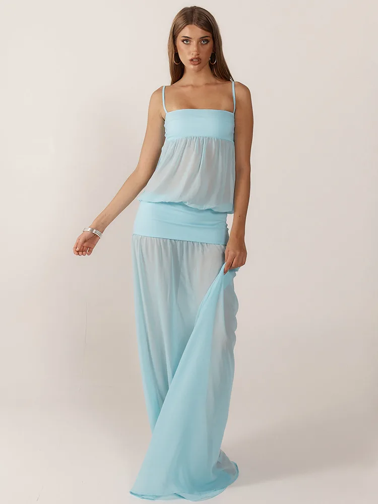 Sheer ตาข่าย Patchwork สปาเก็ตตี้ Maxi ชุดผู้หญิงเซ็กซี่ตัดดูผ่าน Backless Slim A-Line Dresses Partywear