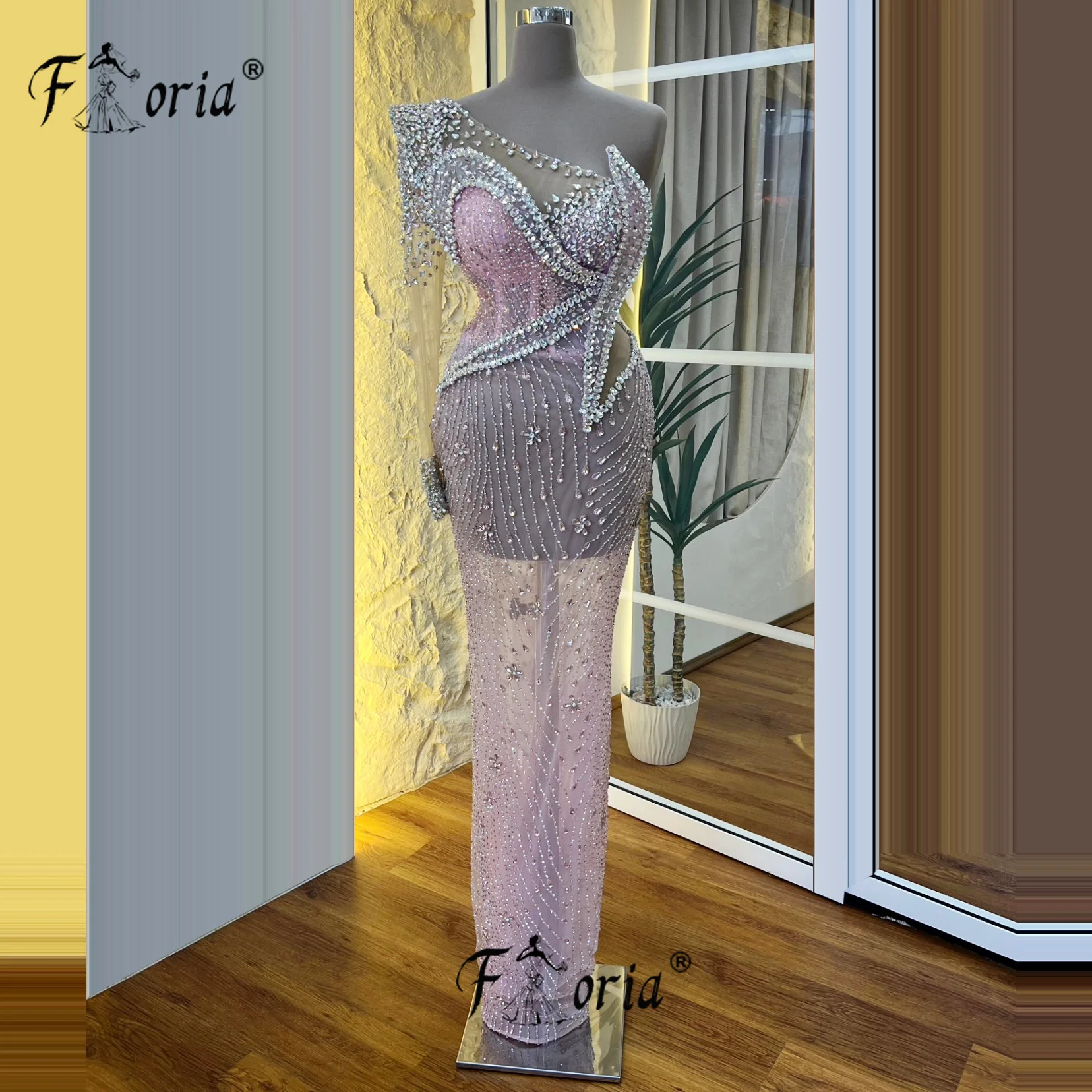 Abito da sera con perline piene di illusione rosa Cristallo scintillante Personalizzato abiti da festa eleganti mujer robes soirée femmes 2025