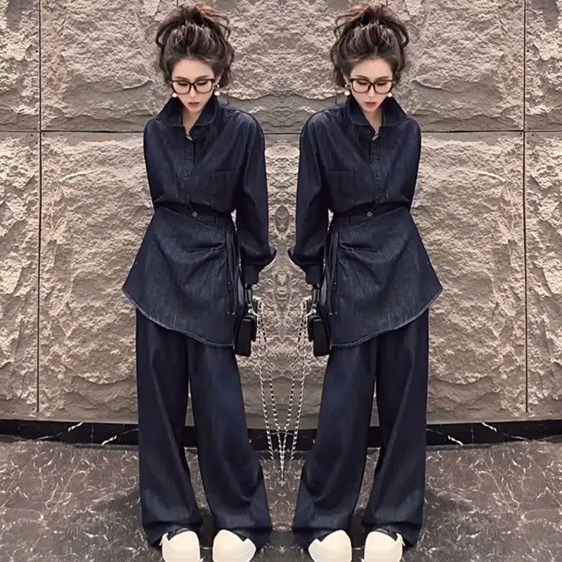 

Высококачественная модная простая джинсовая рубашка в стиле ретро, женский осенний дизайн, уникальная рубашка нестандартной формы + брюки с прямыми штанинами