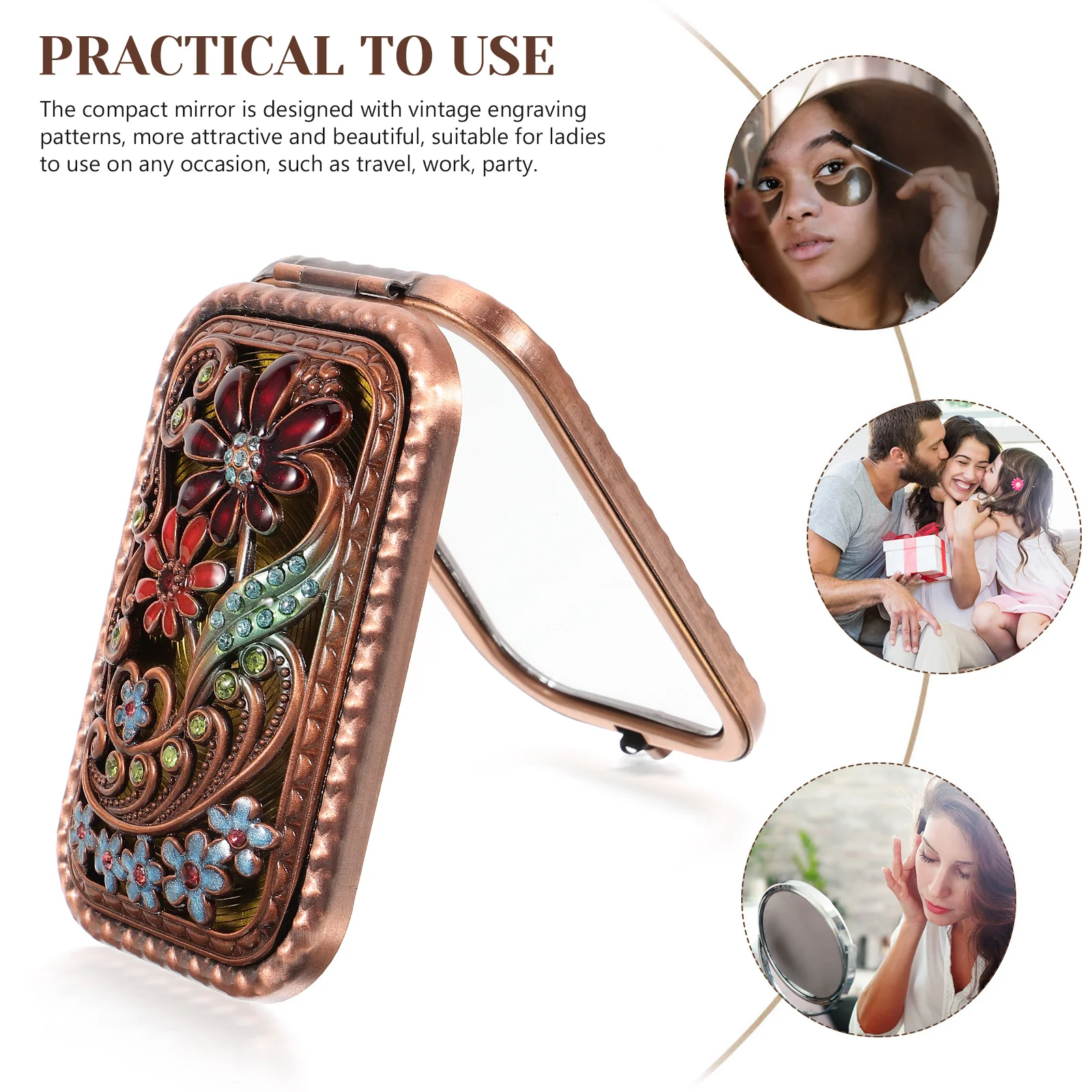 빈티지 컴팩트 메이크업 미러 접이식 금속 유리 슬림 휴대용 미니 포켓 미러 여행 사무실 파티 지갑용 뷰티
