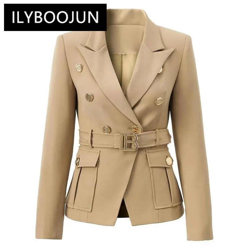 2024 Vintage Fall Autumn Notched Collar Work Lady Solid Slim Jacket Women Quality Blazer Job Blazer With Belt Light Brown