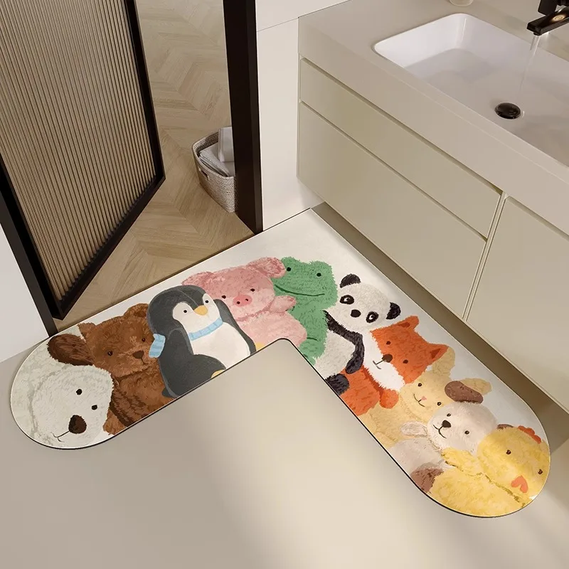 L-shaped Bathroom Door Mat Cute Cartoon Kitchen Diatom Mud Carpet Animal Pattern PVC Floor Mats Non-slip Water-absorbing Rug 양탄자