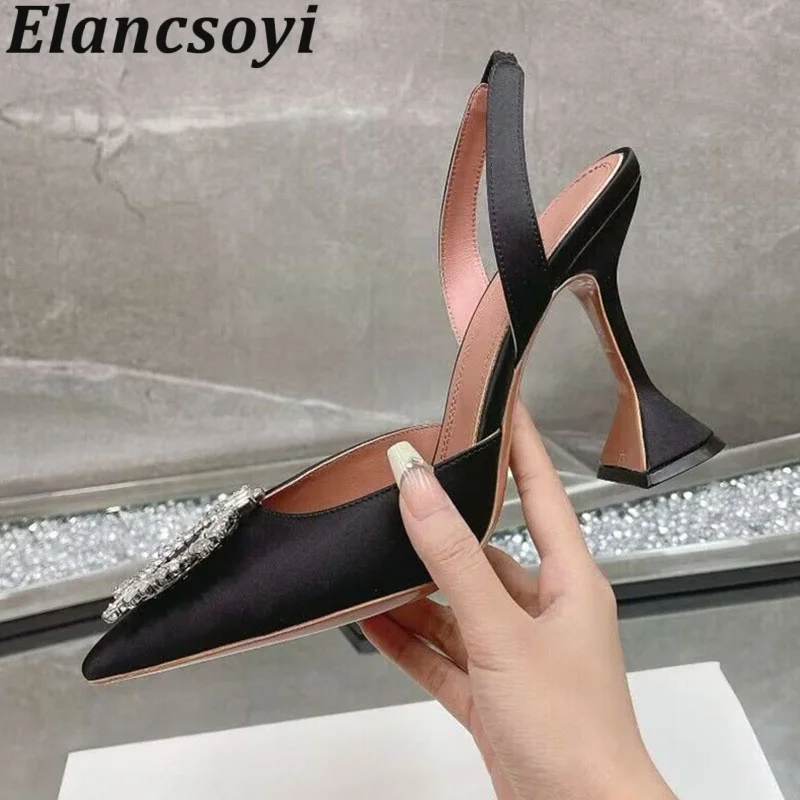 Dress Shoes Pointed Toe Silk Satin Back Strap Sandals Summer Women Sunflower Crystal Decor Cup High Heels Sandalias Pumps