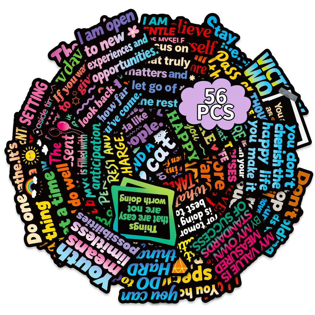 56 Pegatinas de Texto Estilo Oscuro - Calcomanías con Frases Positivas para Decoración Creativa de Skateboards y Cuadernos, Tienda AnimeWorlds