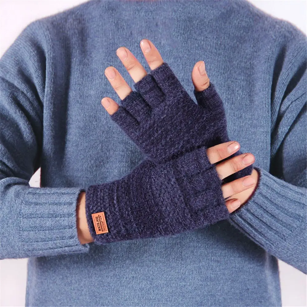 

Men Leather Label Elastic Winter Warm Fingerless Gloves Knitted Alpaca Wool Half Finger Mittens Driving Gloves