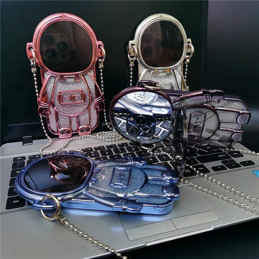 Luxury Cartoon 3D Astronaut Case For iPhone 15 PRO MAX 14 Pro Max 13 PRO 12 11 Mirror Lanyard Soft Clear Phone Cover