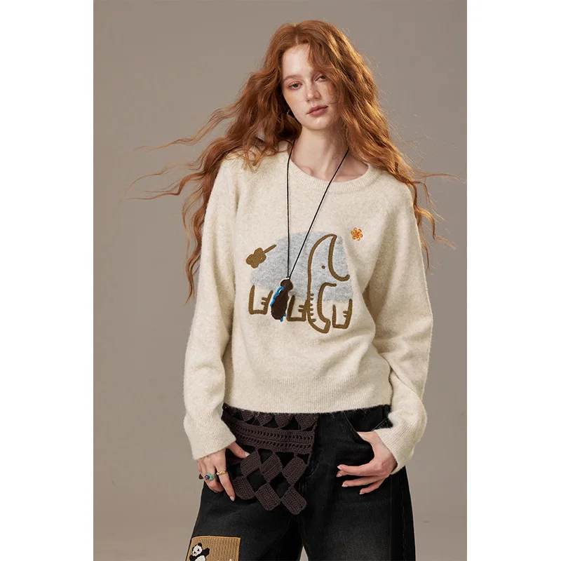 ELFSACK 2025 الشتاء الوافدين الجدد عارضة جولة الرقبة الكرتون التطريز فضفاضة تناسب سترة للمرأة