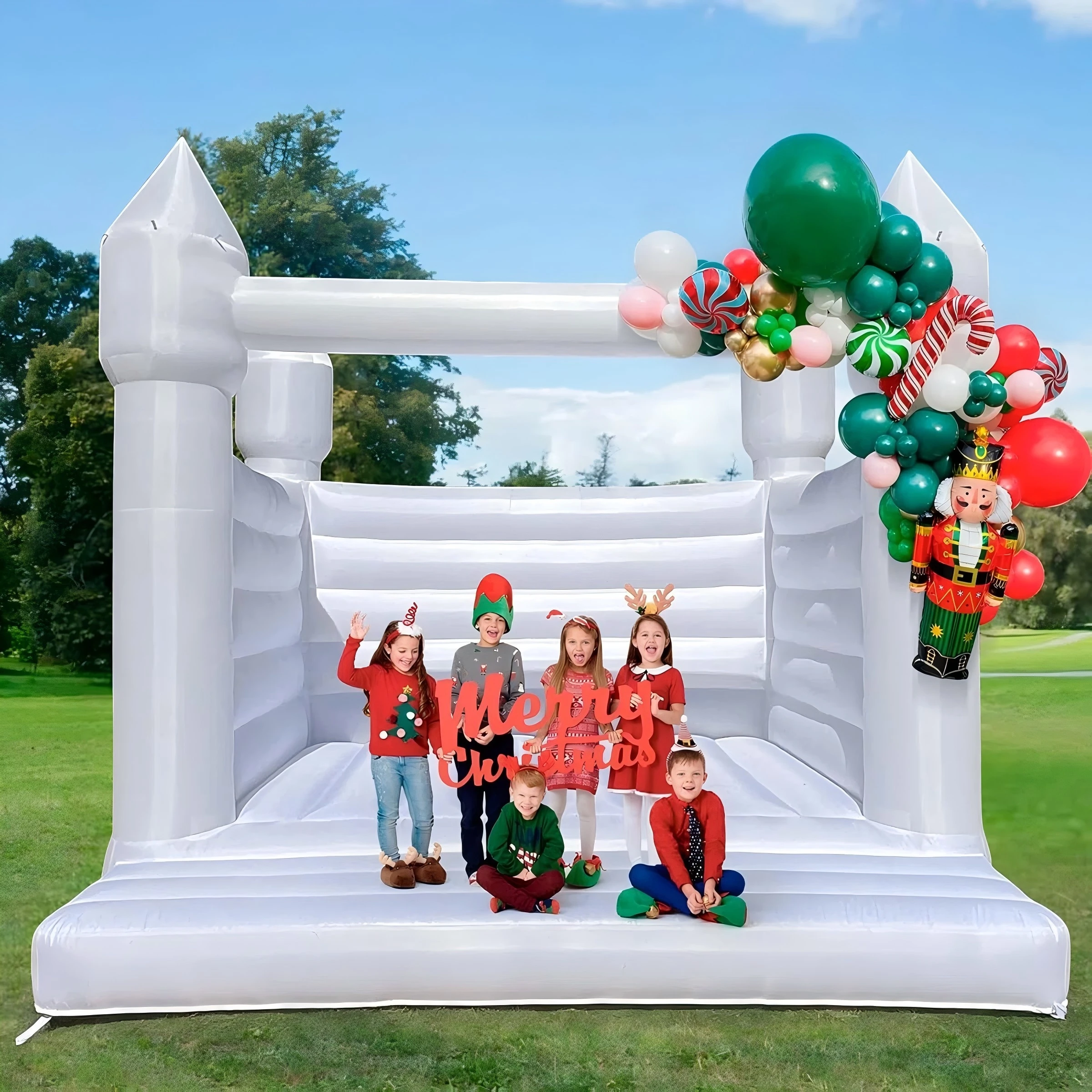 Castelo de casa de salto branco inflável, casa inflável oxford de 13x13x11 pés com ventilador para aniversário de crianças pequenas, personalização de casamento