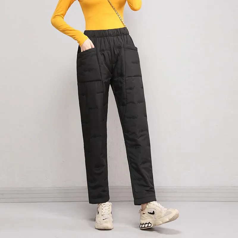 2026 moda cintura elástica calças de algodão feminino inverno bolsos soltos calças retas quentes mulher cintura alta engrossar calças de algodão
