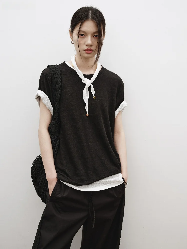 SHKUCO Classic Simple Loose round Neck Linen Comfortable Short Sleeve Women's T-shirt Casual Pure Color Summer Top