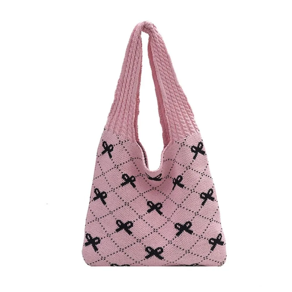 

Fashion Large Capacity Bow Knitting Shoulder Bag Soft Spacious Crochet Tote Bag Sweet Portable Simple Shopping Bag Vacation