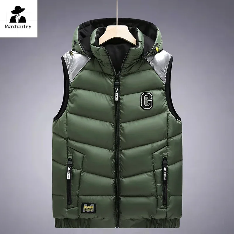 Winter Down Cotton Vest Men\'s 2024 New Fashion Thickened Double-sided Sleeveless Jacket Casual Windproof Warm Hooded Padded Coat