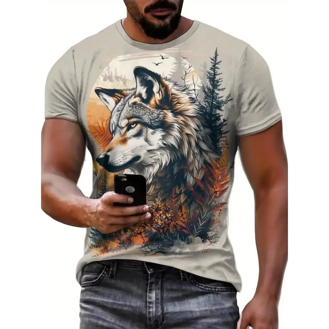 

Animal Wolf Pattern Men's T shirt Fashion Crew Neck Short Sleeve Sport Tee Versatile Comfortable T-shirt Athletic Style Clothing