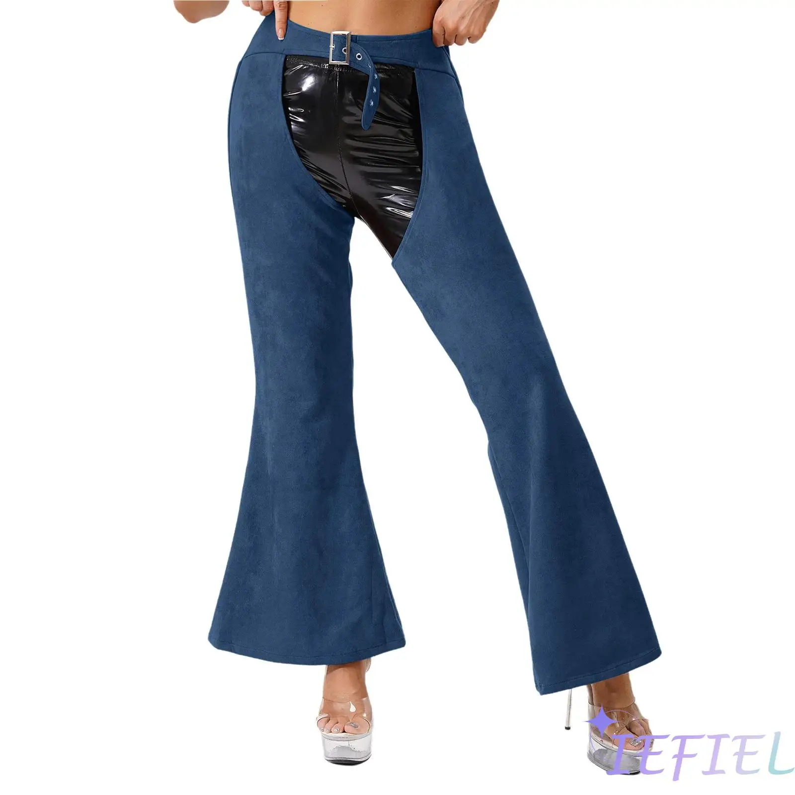 

Womens Vintage Western Cowgirl Chaps Pants Adjustable Waist Hollow Out Cowboy Biker Pants Wide Leg Long Pants for Motorcycle