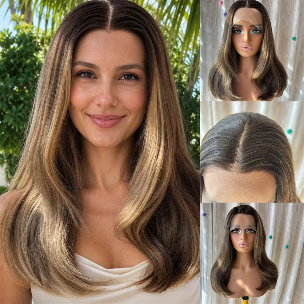 Party Daily Cosplay Ombre Brown Synthetic HD Lace Front Wig Mixed Human Hair Soft Natural Wave Wig Glueless Preplucked Hairline