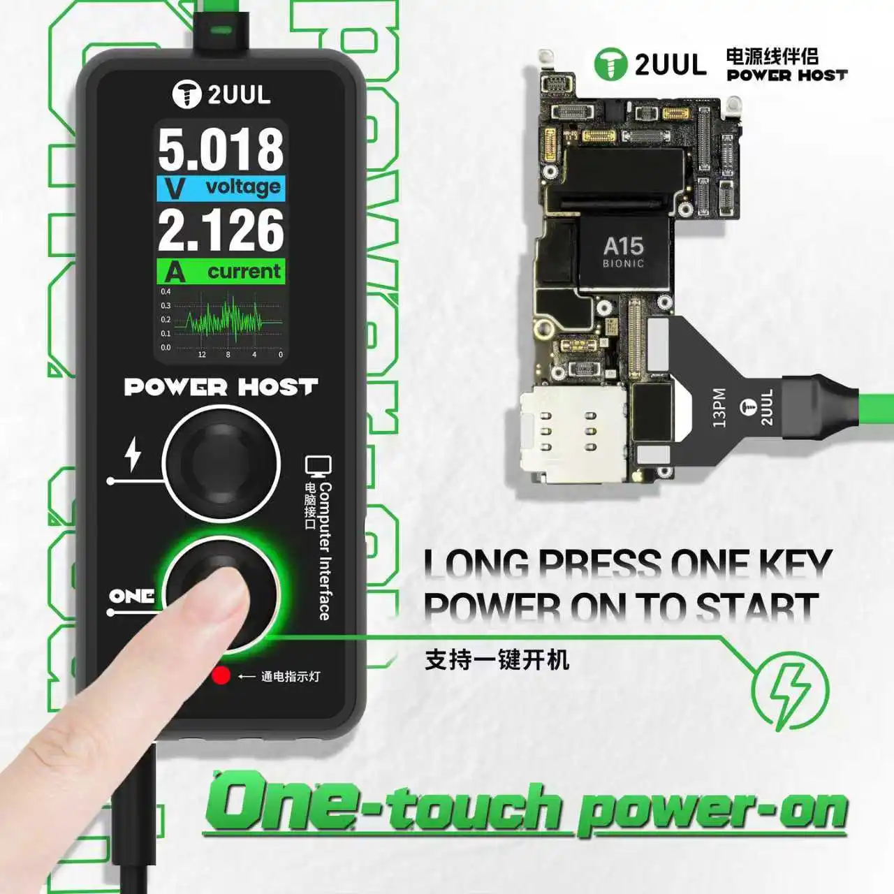 

2UUL PW15 One Key Power On Phone Repair Power ith 5,2V Защита от перенапряжения 4 мм Тестовый разъем типа «банан» для использования 95% кабеля питания