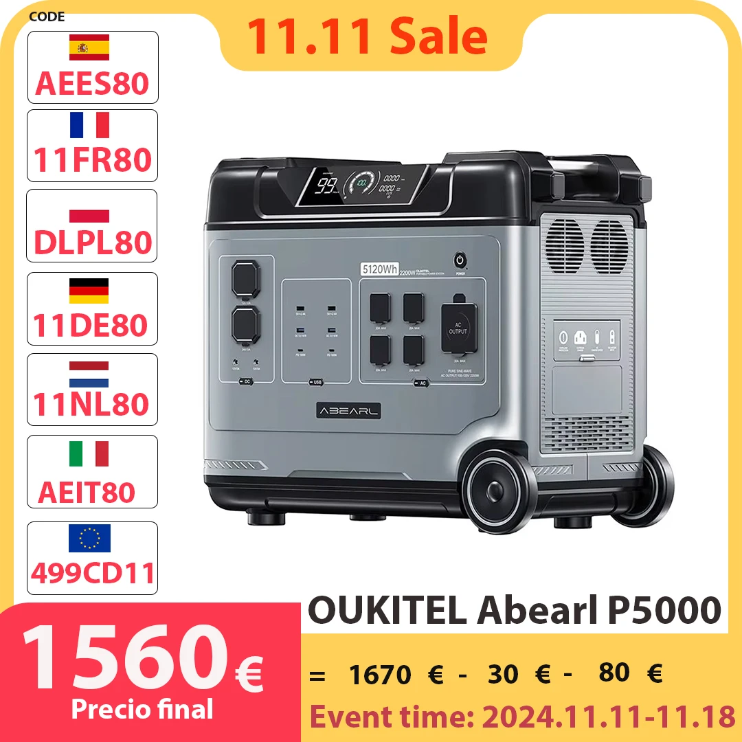 OUKITEL Abearl P5000 Portable Power Station 5120Wh LiFePO4 Battery 5x2200W AC Outlets (4000W Surge) Seamless UPS Battery Backup