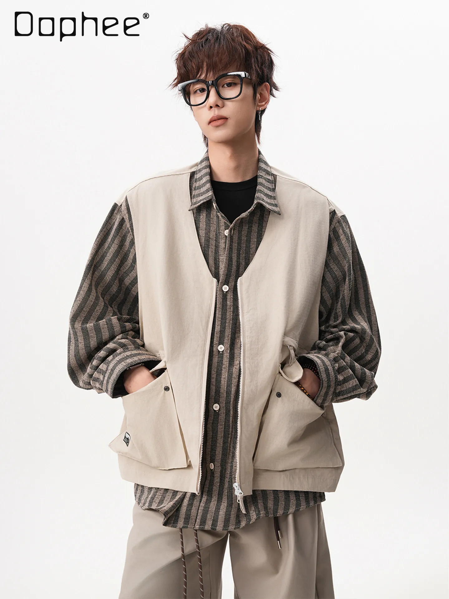 

Spring Autumn Vintage Fake Two-Piece Black Shirt for Men with Design Sense Casual and High-End Khaki Vest Patchwork Shirt