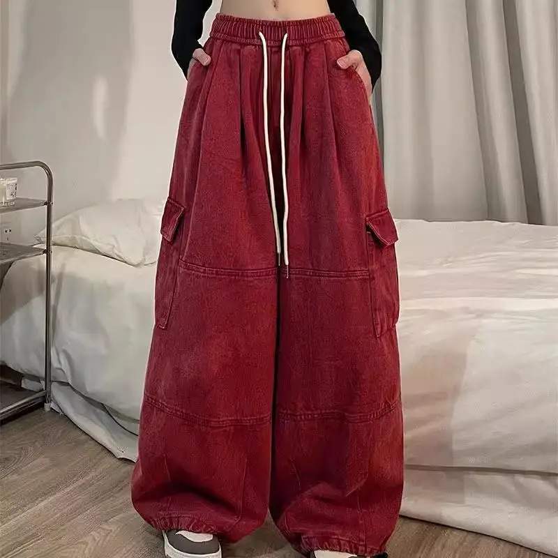 Spring Autumn Vintage Cargo Jeans Pants Women Korean Y2K Fashion Drawstring Casual Wide Leg Sweatpants Couple Trousers