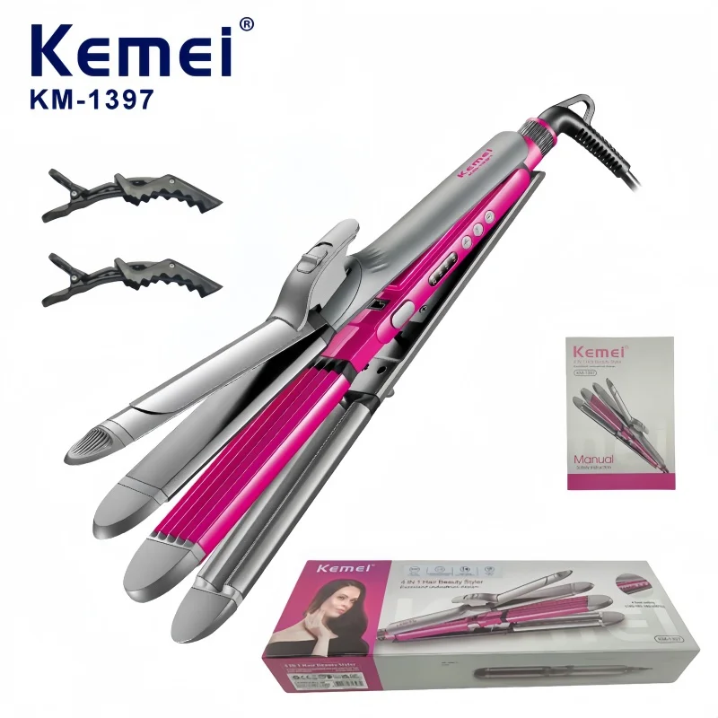 

Kemei KM-1397 Multi-functional 3-in-1 Hair Straightener – Straightening, Curling, and Crimping Professional Styling Iron