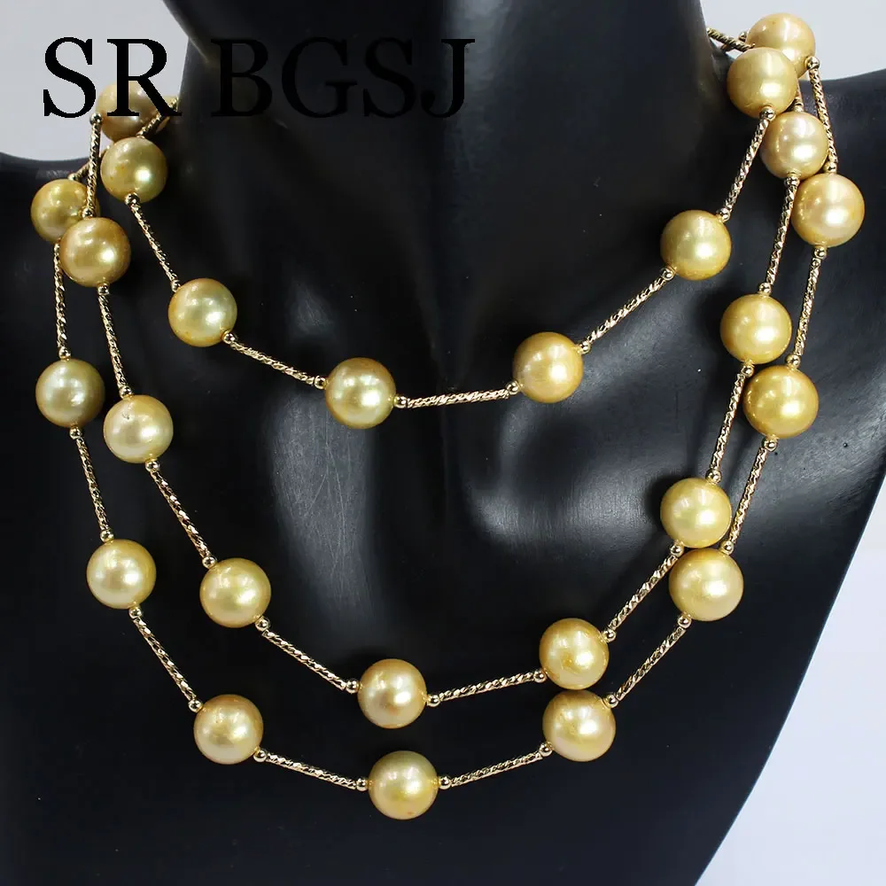 11-12mm 48inch Artificial  Beaded Chains Yellow Natural Freshwater Pearl Long Sweater Necklace