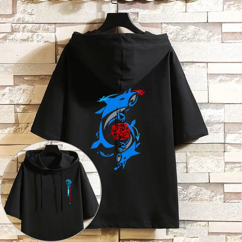 

Genshin Impact Anime Merchandise Short-Sleeve Hooded T-Shirt For Summer, Featuring Designs Of Scaramouche, Yelan, Hu Tao, Xiao,