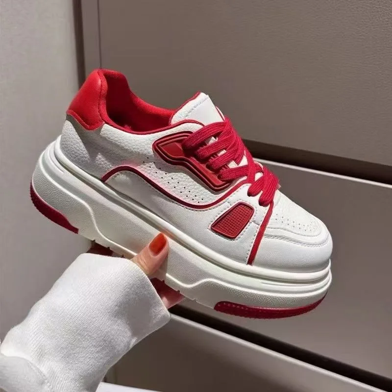 

Women's Thick Soled Sports Shoes PU Leather Casual White Platform High Heels Breathable Board Shoes