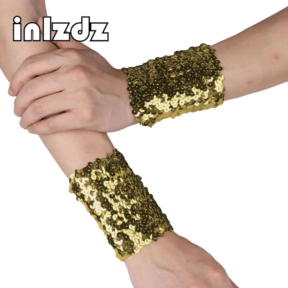 

Gold Silver Wrist Bands Women Punk Sparkling Sequins Elastic Stretch Wide Oversleeves Arm Cuffs Cosplay Dance Party Accessories