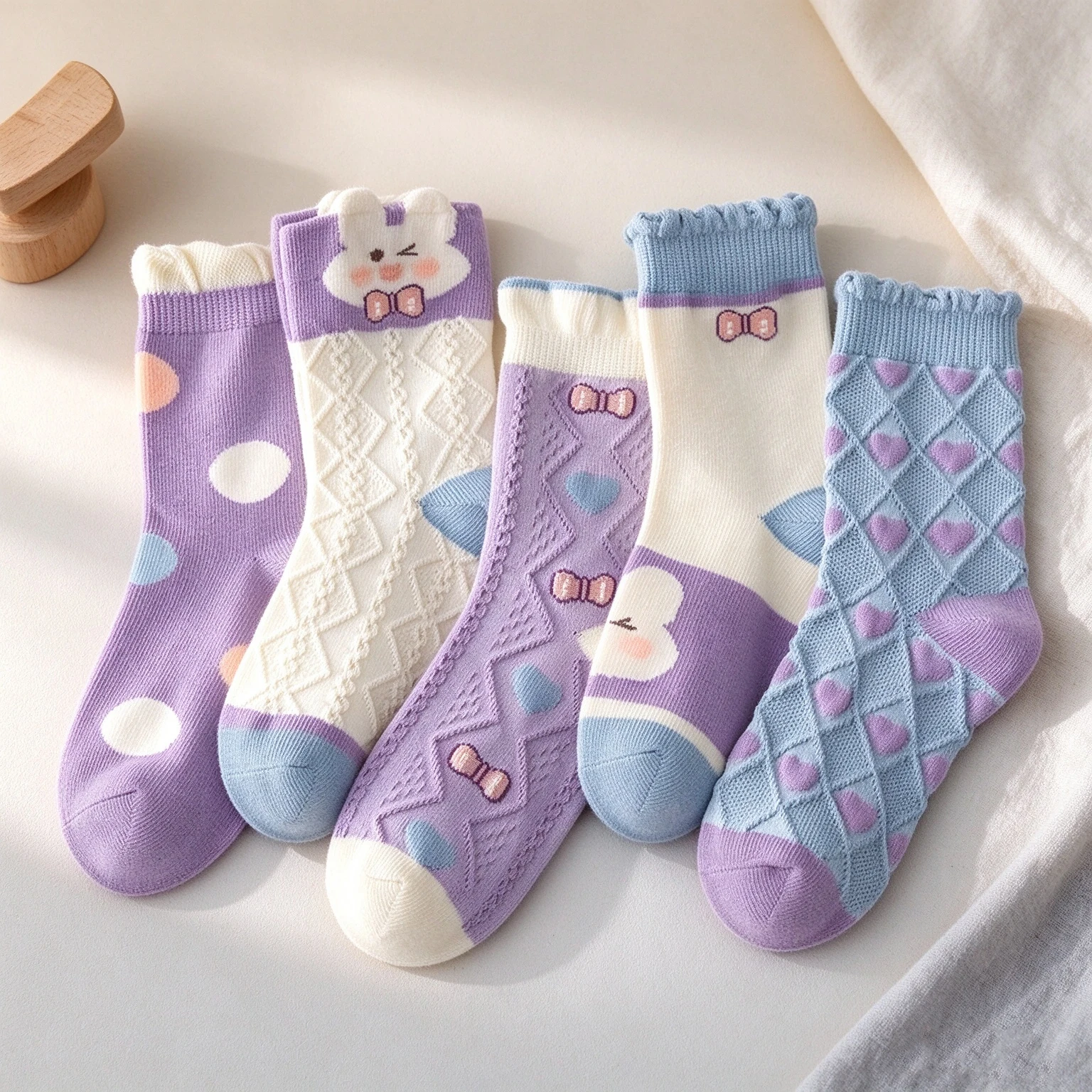 5 Pairs Girls Crew Socks Cute Cartoon Bunny Bow Purple Ruffle Cuff Soft Breathable Kids Crew Socks For 5-14Y