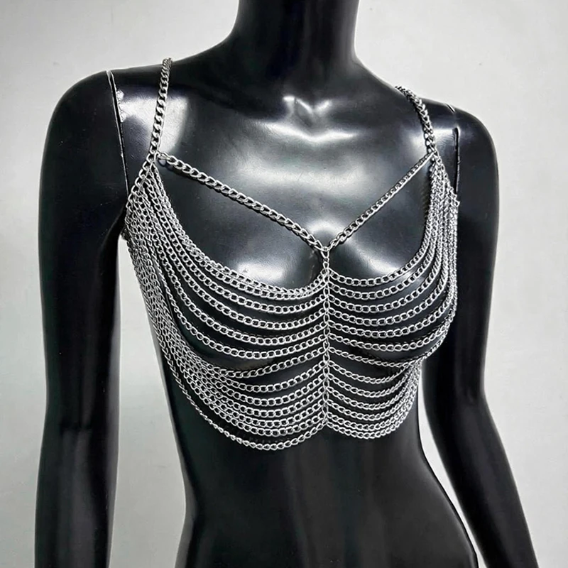 Damen Mehrlagige Ketten-BH-Körperkette Sexy Metall-Riemen Bustier Y2K Top Handgefertigt Nachtclub Party Festival Roupas+Feminina 2026 – Detail 7