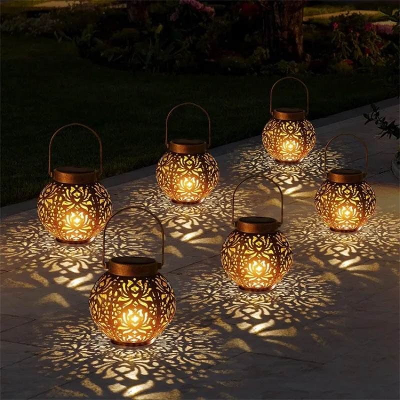 

LED Solar Lantern Hollow Wrought Iron Projection Light Hanging Lamps Solar Light Outdoor Waterproof Yard Garden Decoration