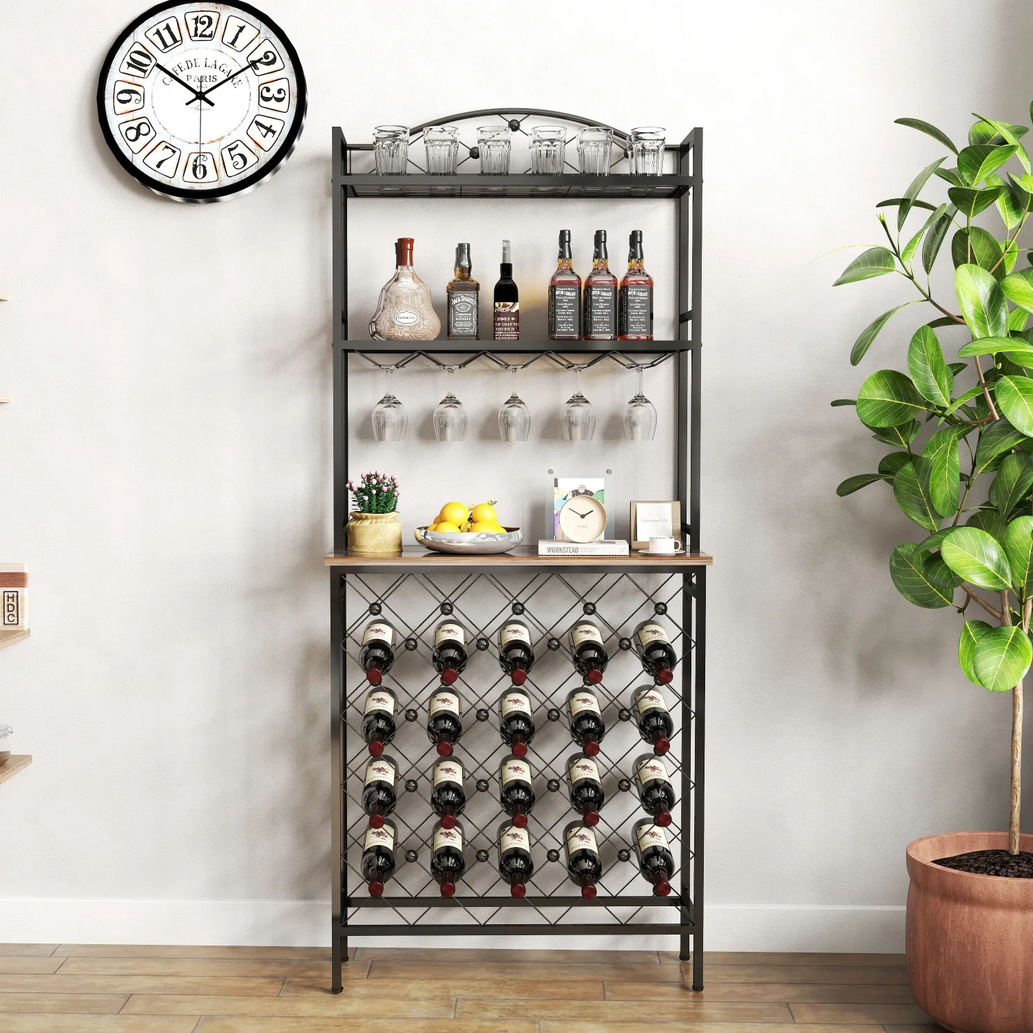 Industrial Wine Rack Bar Table, 3-Tier Liquor Bottle and Glass Holder with Storage Shelves, Metal and Wood Wine Organizer for Ho