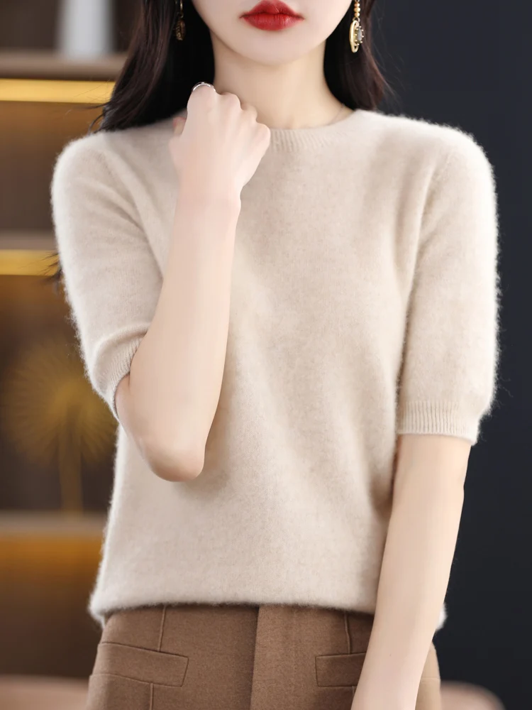 New O-neck Solid Color Pullover 100% Merino Wool Women\' Sweater Spring Summer Half sleeved Basic Clothing Single Fitting Tops