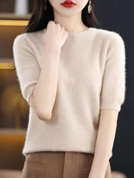 New O-neck Solid Color Pullover 100% Merino Wool Women' Sweater Spring Summer Half sleeved Basic Clothing Single Fitting Tops