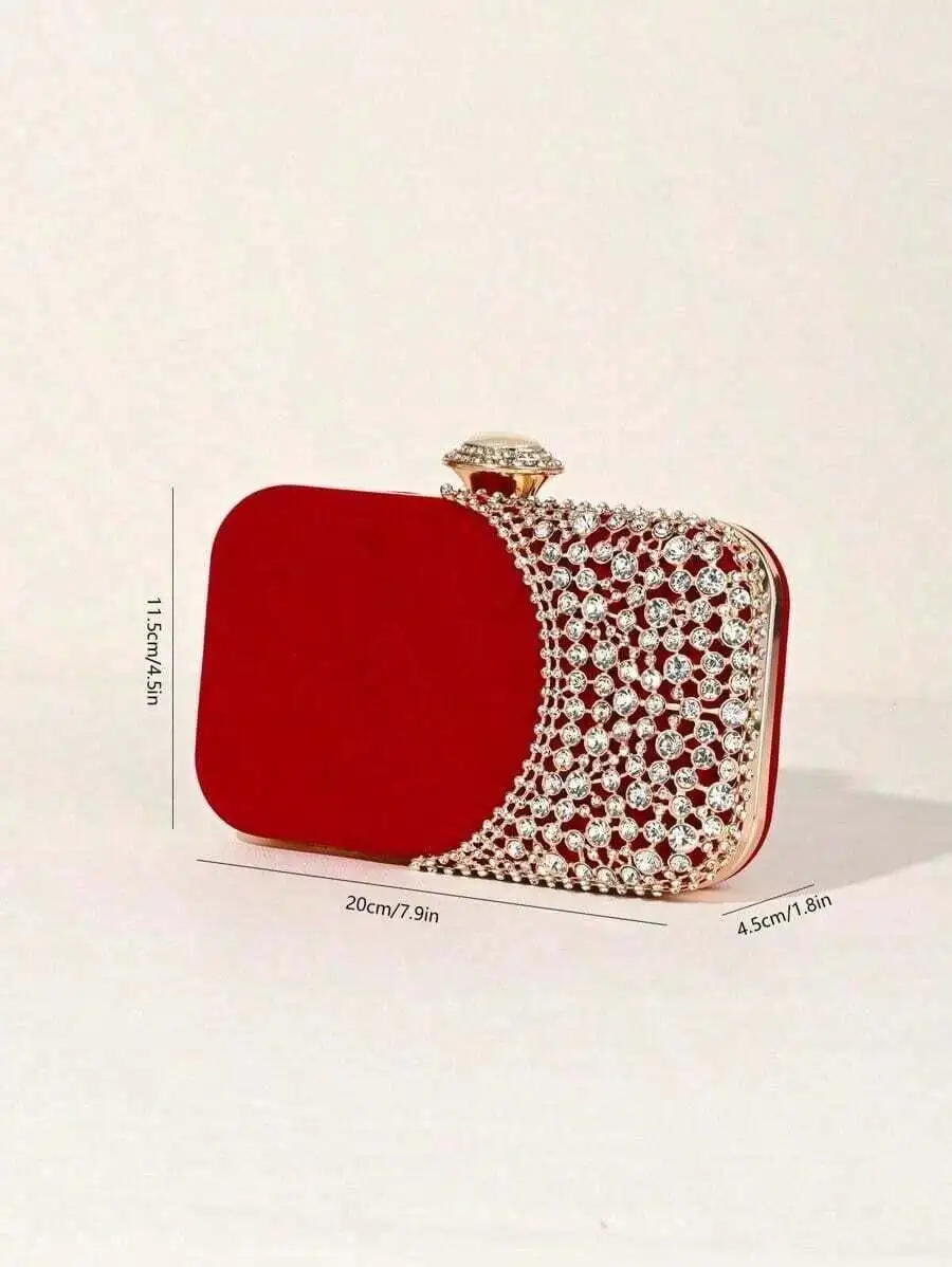 

Red Rhinestone Clutch Box Shape Evening Bag For Women Party Banquet Formal Dress