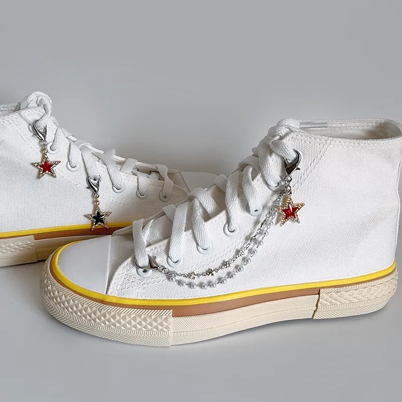 1Pcs Double‑Layer Pearl Shoe Lace Chain Charms Rhinestone Red Star Pendant Detachable Lobster Clasp Ornaments Decor for Sneakers
