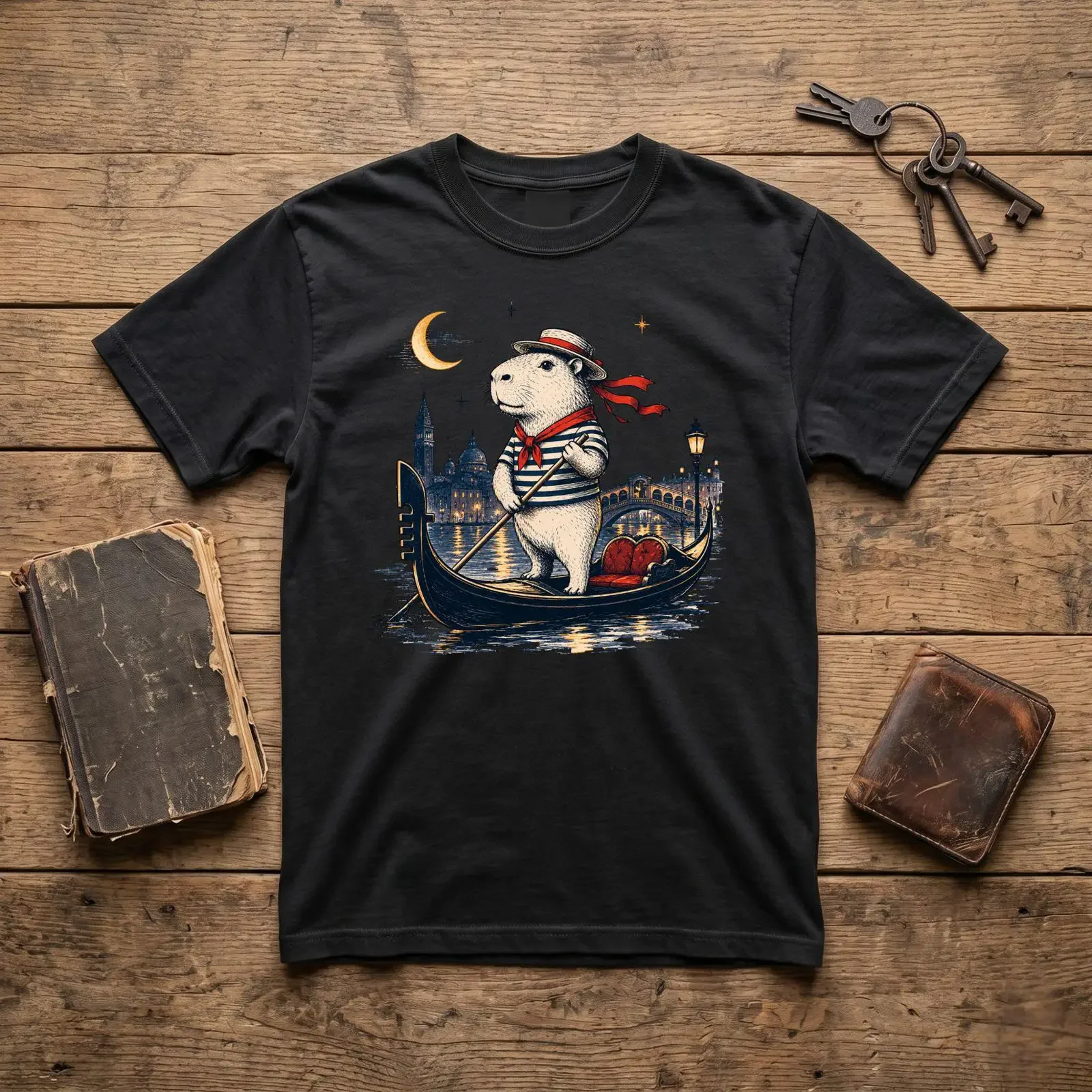 Capybara Gondolier Venice Travel T shirt Italian Vacation for Lovers Cute Gondola  vintage Washed Versatile Comfortable