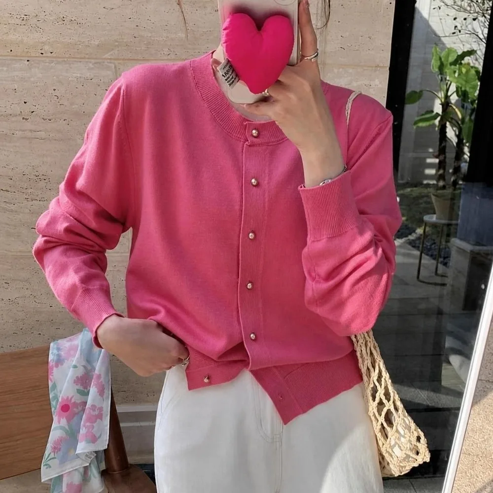 Loose Fit Long Sleeve Knit Cardigan Single Breasted Solid Color Women Sweater Round Neck Women Cardigan