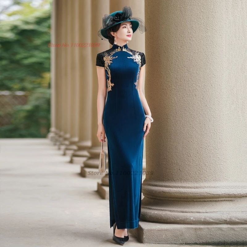 Китайское винтажное платье 2021, бархатное платье Cheongsam, традиционное народное платье с цветочными пайетками, восточное ретро-банкетное вечернее платье, платье