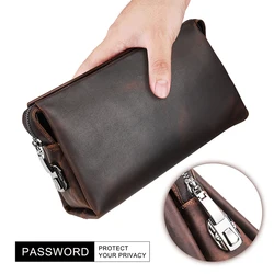 CONTACT'S Genuine Leather Clutch Bags for Men Vintage Casual Code Capacity Card Holders Phone Pocket Men Handbags Clutch Wallets