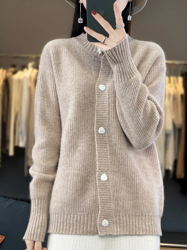 Light Luxury 100% Merino Wool Women Sweater Autumn Winter Long Sleeve O-Neck Cardigans Warm Cashmere Knitted Coat Fashion Tops