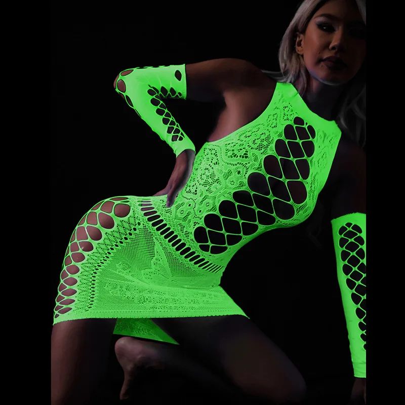 Plus Size Glow The Dark Bodystockings Tear Away Fishnet Lingerie Sheer Mesh See Through Hollow Out Sensuous Nightwear