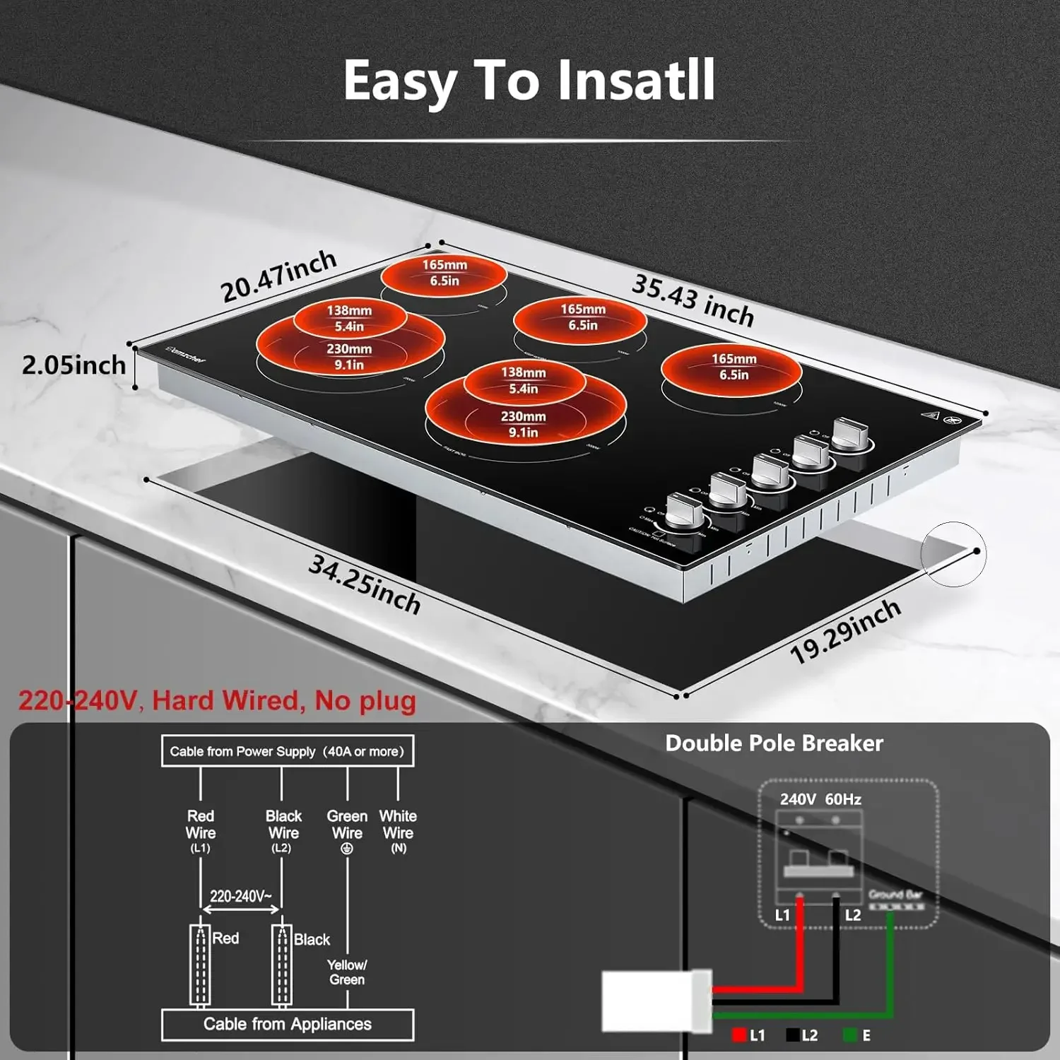 Electric Cooktop 36 inch Built-in Electric Stove Burner with 5 Burners,8900W Power Control by Knob,Ceramic Electric Stove with H